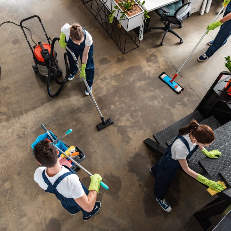 cleaning services office with vacuum, mop, broom